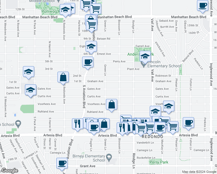 map of restaurants, bars, coffee shops, grocery stores, and more near 2607 Green Lane in Redondo Beach