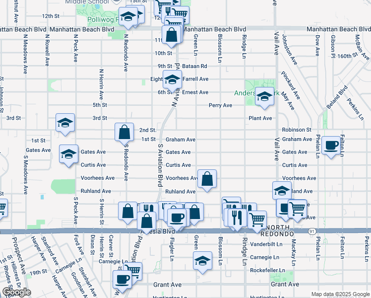 map of restaurants, bars, coffee shops, grocery stores, and more near 1918A Graham Avenue in Redondo Beach