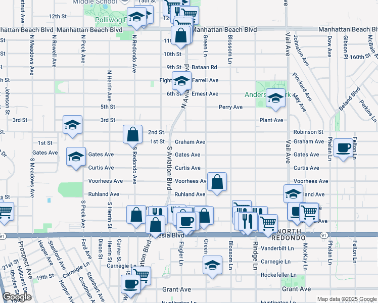 map of restaurants, bars, coffee shops, grocery stores, and more near 1918A Graham Avenue in Redondo Beach