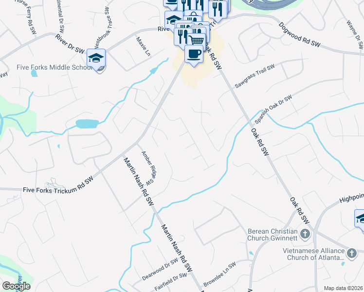 map of restaurants, bars, coffee shops, grocery stores, and more near 3163 Pine Cone Court Southwest in Lilburn
