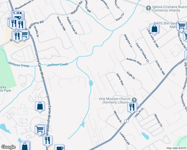 map of restaurants, bars, coffee shops, grocery stores, and more near 497 Fire Fly Drive in Tucker