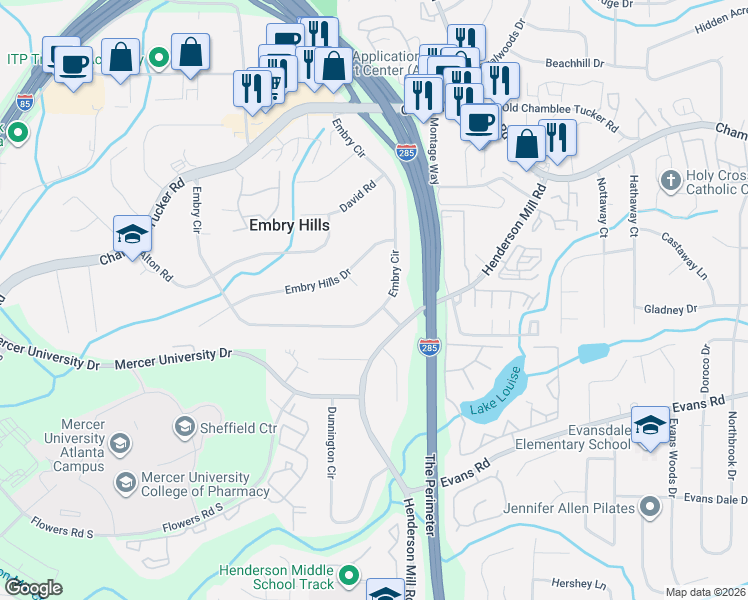 map of restaurants, bars, coffee shops, grocery stores, and more near 3518 Embry Circle in Atlanta