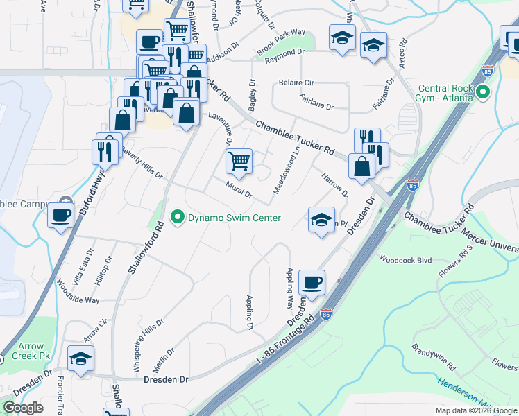 map of restaurants, bars, coffee shops, grocery stores, and more near 2971 Stratford Arms Drive in Chamblee