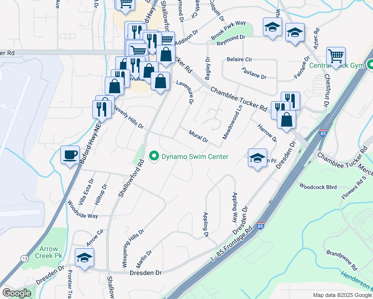 map of restaurants, bars, coffee shops, grocery stores, and more near 2578 Beverly Hills Drive in Atlanta