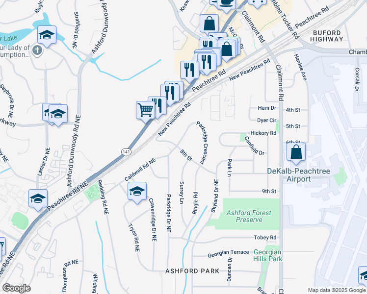 map of restaurants, bars, coffee shops, grocery stores, and more near 1734 8th Street in Chamblee