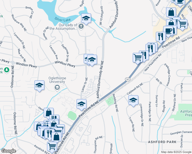 map of restaurants, bars, coffee shops, grocery stores, and more near 1807 Oglethorpe Drive in Brookhaven