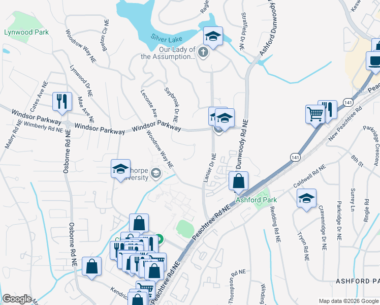 map of restaurants, bars, coffee shops, grocery stores, and more near 3051 Oglethorpe Way Northeast in Atlanta