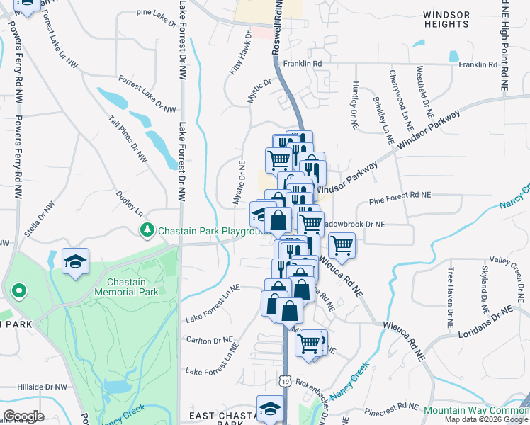 map of restaurants, bars, coffee shops, grocery stores, and more near 4532 Collins Avenue in Sandy Springs