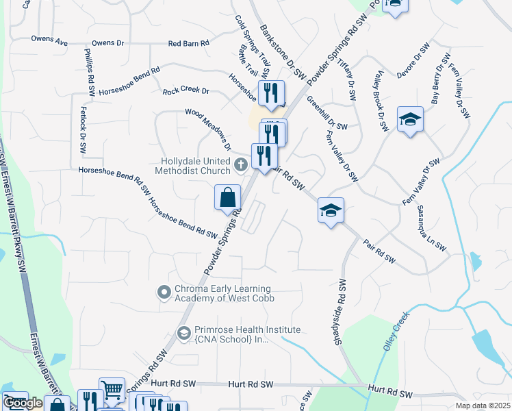 map of restaurants, bars, coffee shops, grocery stores, and more near 3028 Powder Way in Marietta