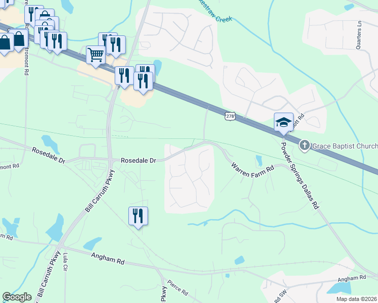 map of restaurants, bars, coffee shops, grocery stores, and more near 11 Chamberlyn Lane in Hiram