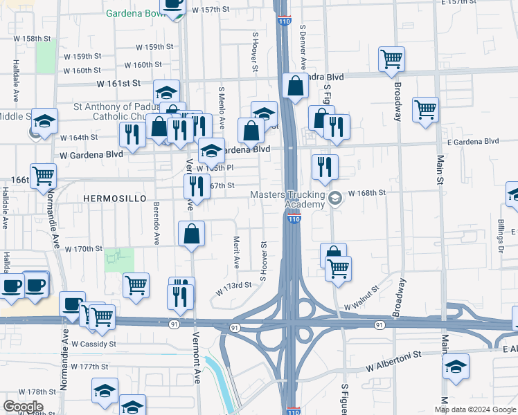 map of restaurants, bars, coffee shops, grocery stores, and more near 16817 South Hoover Street in Gardena