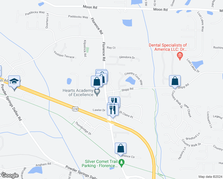 map of restaurants, bars, coffee shops, grocery stores, and more near 3120 Hopeland Drive in Powder Springs
