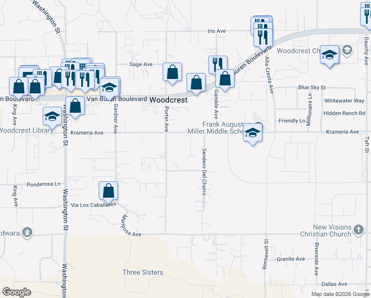 map of restaurants, bars, coffee shops, grocery stores, and more near 17599 Krameria Avenue in Riverside