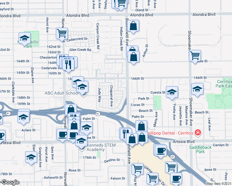 map of restaurants, bars, coffee shops, grocery stores, and more near 12512 Cuesta Drive in Cerritos