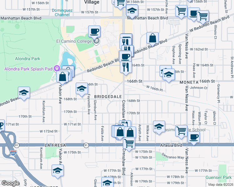 map of restaurants, bars, coffee shops, grocery stores, and more near 16645 Crenshaw Boulevard in Torrance