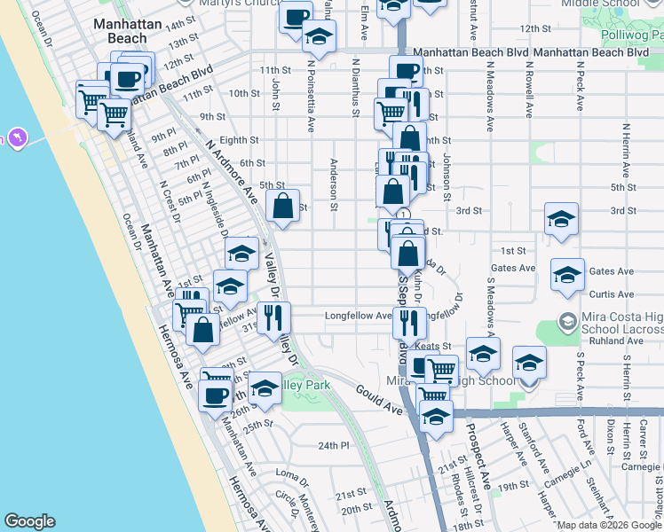 map of restaurants, bars, coffee shops, grocery stores, and more near 922 1st Street in Manhattan Beach