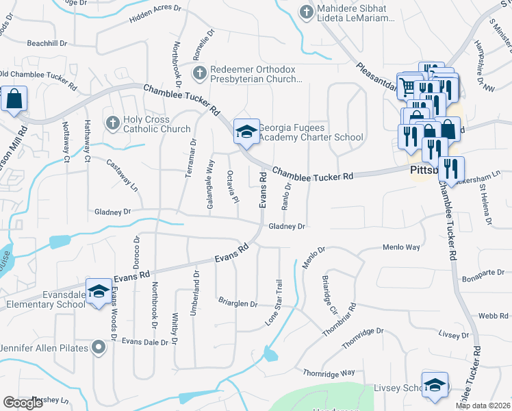 map of restaurants, bars, coffee shops, grocery stores, and more near 3065 Octavia Place in Doraville