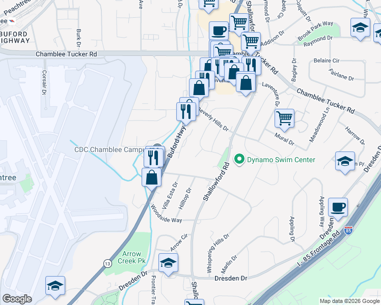 map of restaurants, bars, coffee shops, grocery stores, and more near 4705 Buford Highway Northeast in Atlanta