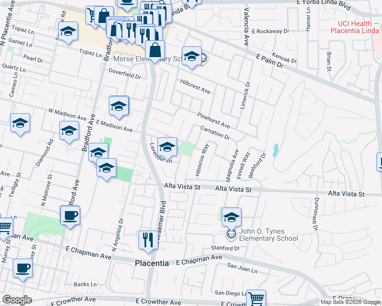 map of restaurants, bars, coffee shops, grocery stores, and more near 925 Goldenrod Street in Placentia