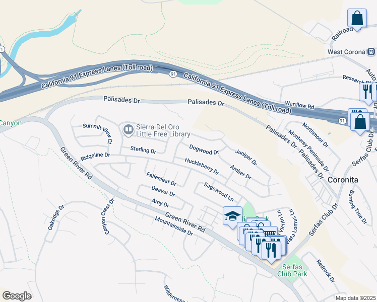 map of restaurants, bars, coffee shops, grocery stores, and more near 3178 Dogwood Drive in Corona