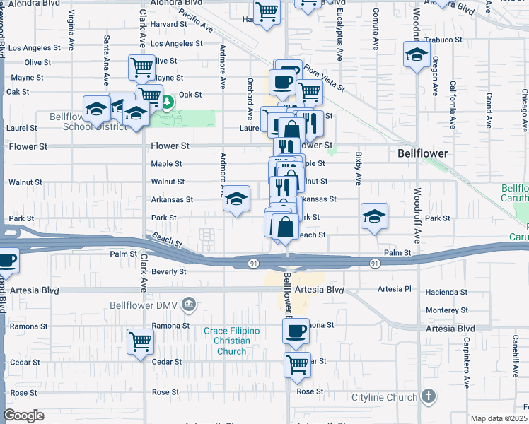 map of restaurants, bars, coffee shops, grocery stores, and more near 9729 Park Street in Bellflower