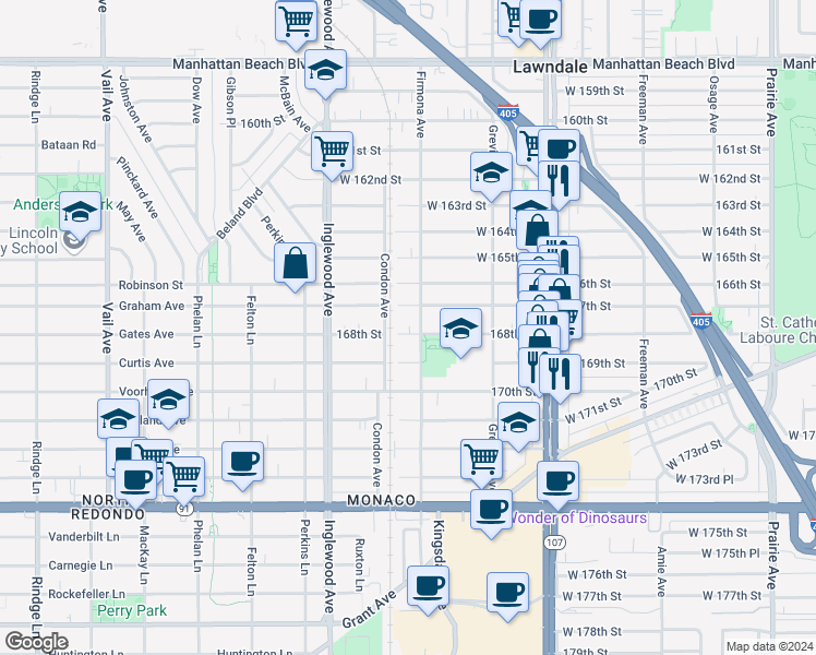 map of restaurants, bars, coffee shops, grocery stores, and more near 4615 168th Street in Lawndale