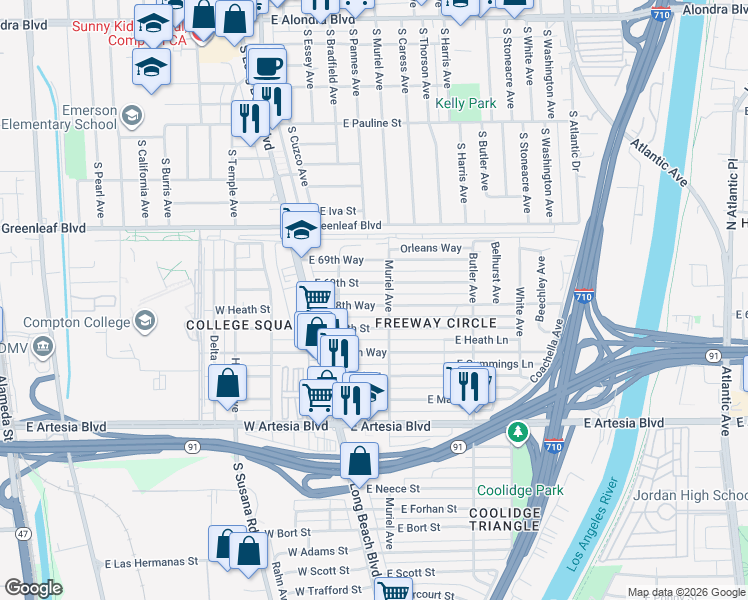 map of restaurants, bars, coffee shops, grocery stores, and more near 169 East 68th Way in Long Beach