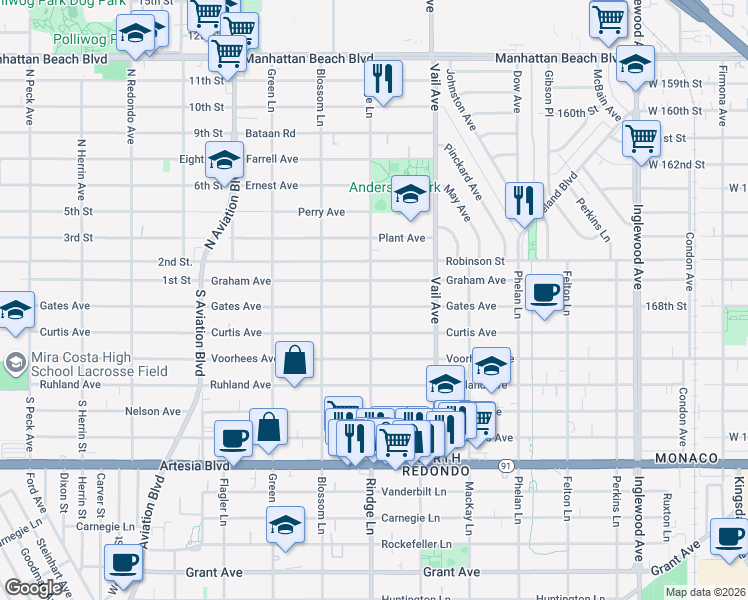 map of restaurants, bars, coffee shops, grocery stores, and more near 2201 Gates Avenue in Redondo Beach