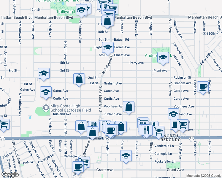 map of restaurants, bars, coffee shops, grocery stores, and more near 1917 Gates Avenue in Redondo Beach