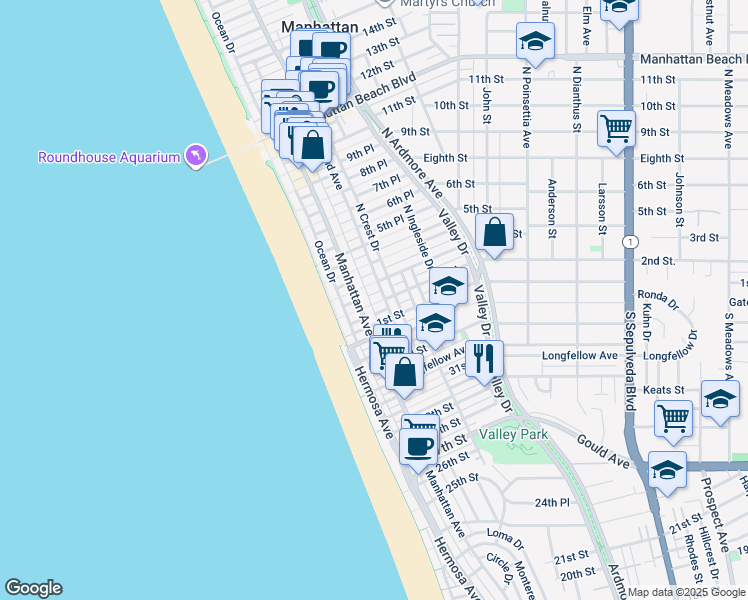 map of restaurants, bars, coffee shops, grocery stores, and more near 221 2nd Street in Manhattan Beach