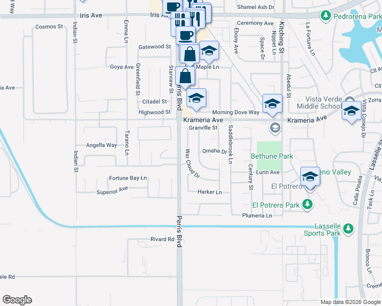 map of restaurants, bars, coffee shops, grocery stores, and more near 16604 War Cloud Drive in Moreno Valley