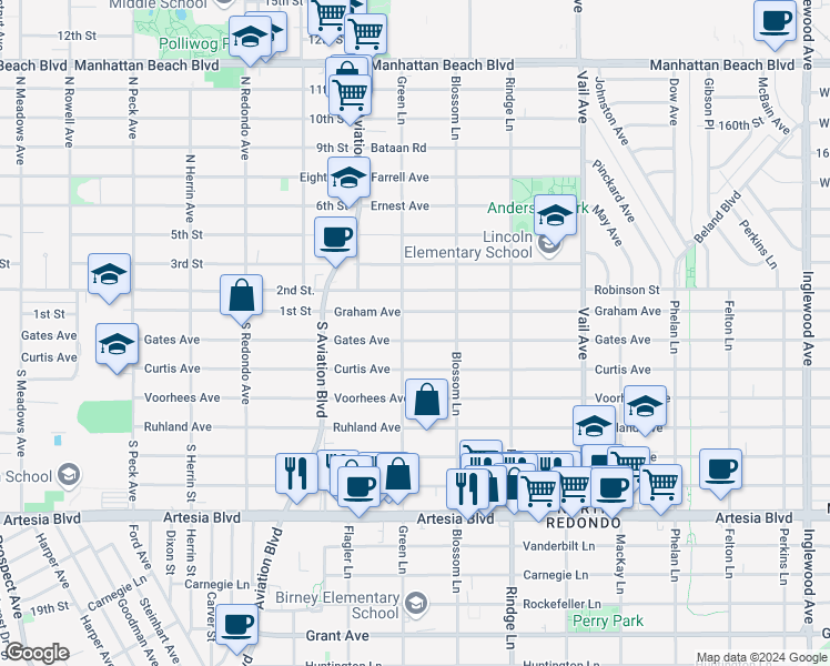 map of restaurants, bars, coffee shops, grocery stores, and more near 2005 Gates Avenue in Redondo Beach
