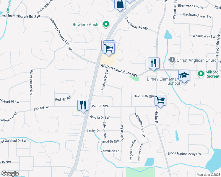 map of restaurants, bars, coffee shops, grocery stores, and more near 1115 Travis Street Southwest in Marietta