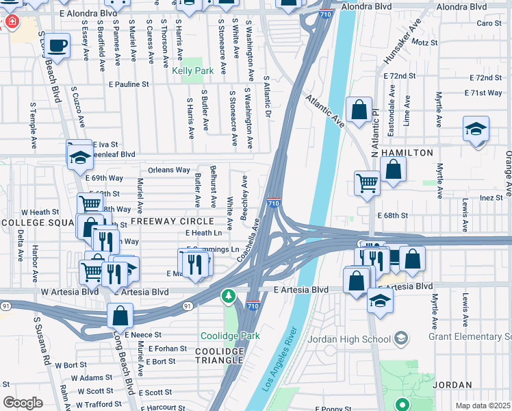 map of restaurants, bars, coffee shops, grocery stores, and more near 6851 Coachella Avenue in Long Beach