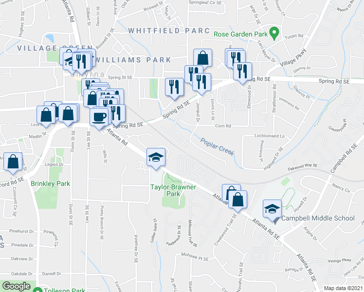 map of restaurants, bars, coffee shops, grocery stores, and more near 1626 Mosaic Way in Smyrna