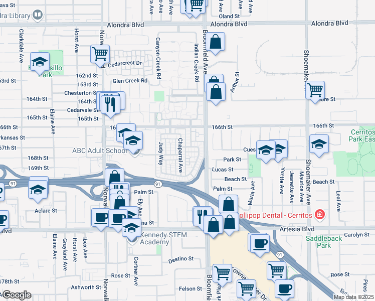 map of restaurants, bars, coffee shops, grocery stores, and more near 12512 Cuesta Drive in Cerritos