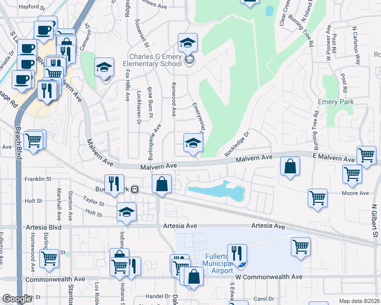 map of restaurants, bars, coffee shops, grocery stores, and more near 8562 Emerywood Drive in Buena Park