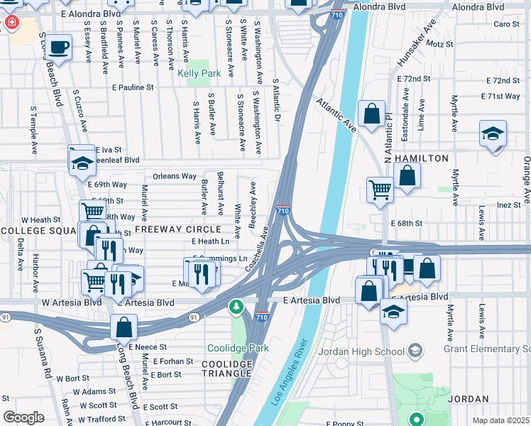 map of restaurants, bars, coffee shops, grocery stores, and more near 6851 Coachella Avenue in Long Beach