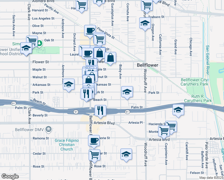 map of restaurants, bars, coffee shops, grocery stores, and more near 9929 Park Street in Bellflower