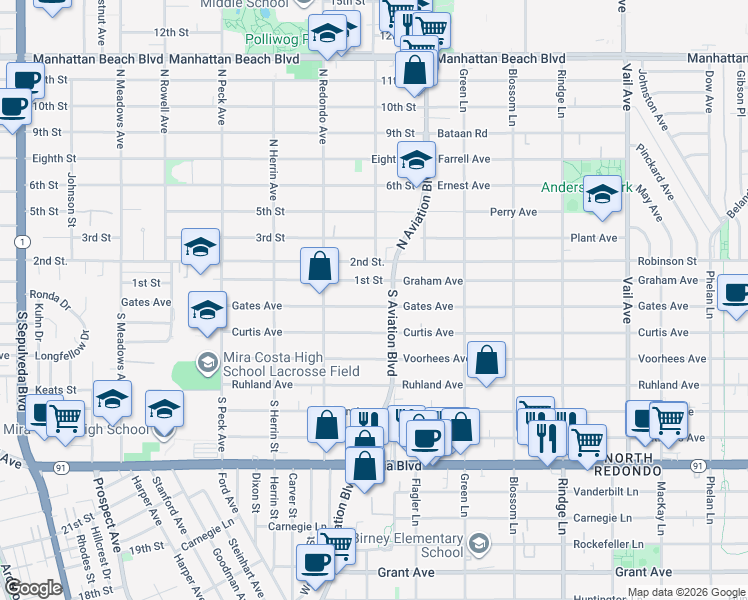 map of restaurants, bars, coffee shops, grocery stores, and more near 1740 1st Street in Manhattan Beach