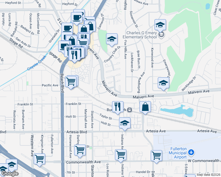 map of restaurants, bars, coffee shops, grocery stores, and more near Owens Street in Buena Park