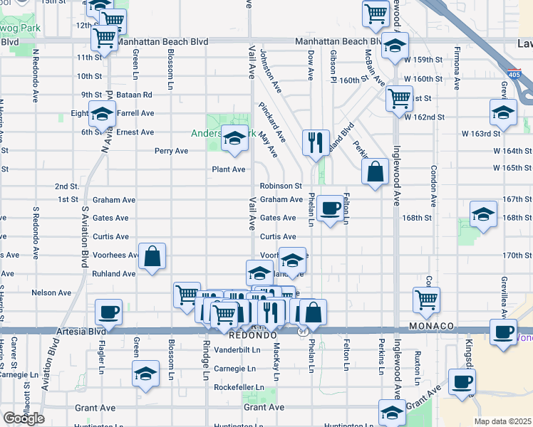 map of restaurants, bars, coffee shops, grocery stores, and more near 2306 Graham Avenue in Redondo Beach