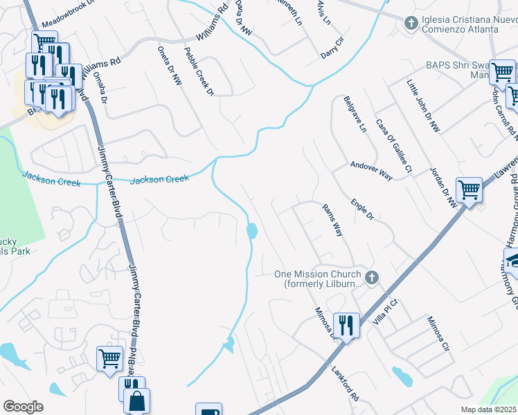 map of restaurants, bars, coffee shops, grocery stores, and more near 497 Fire Fly Drive in Tucker