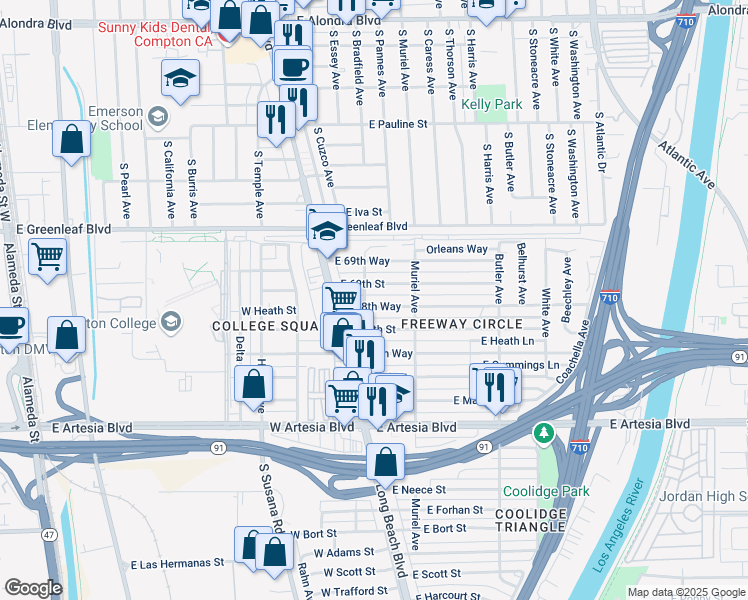 map of restaurants, bars, coffee shops, grocery stores, and more near 6889 Orcutt Avenue in Long Beach