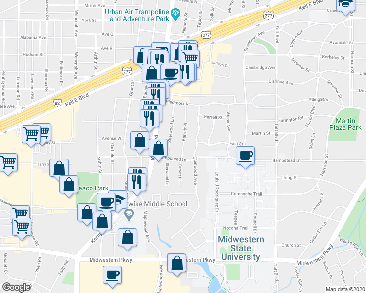 map of restaurants, bars, coffee shops, grocery stores, and more near 3313 Barrett Place in Wichita Falls
