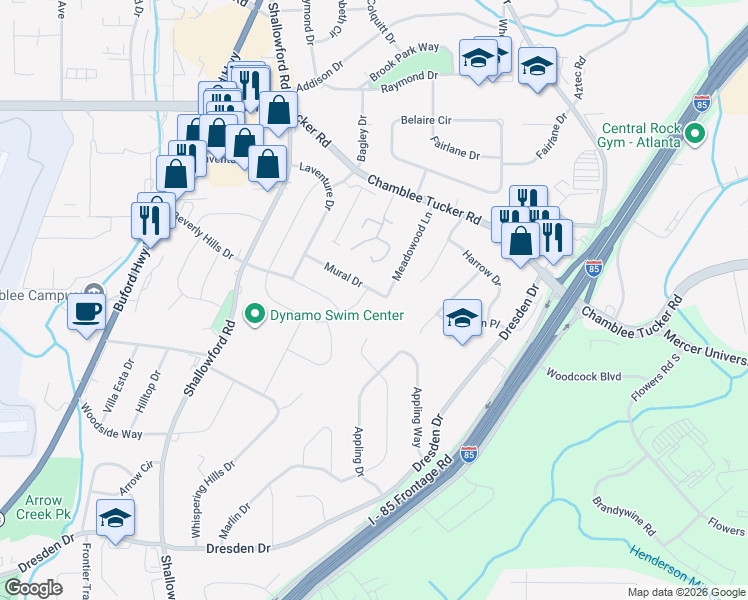 map of restaurants, bars, coffee shops, grocery stores, and more near 2971 Stratford Arms Drive in Chamblee