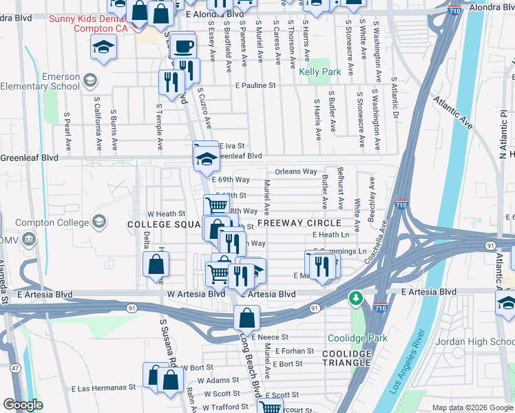 map of restaurants, bars, coffee shops, grocery stores, and more near 169 East 68th Way in Long Beach