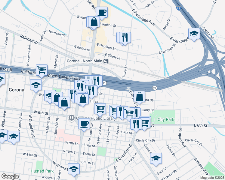 map of restaurants, bars, coffee shops, grocery stores, and more near 210 South Howard Street in Corona