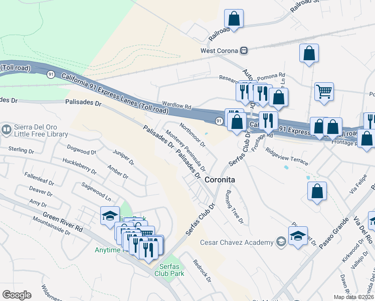 map of restaurants, bars, coffee shops, grocery stores, and more near 2515 Monterey Peninsula Drive in Corona