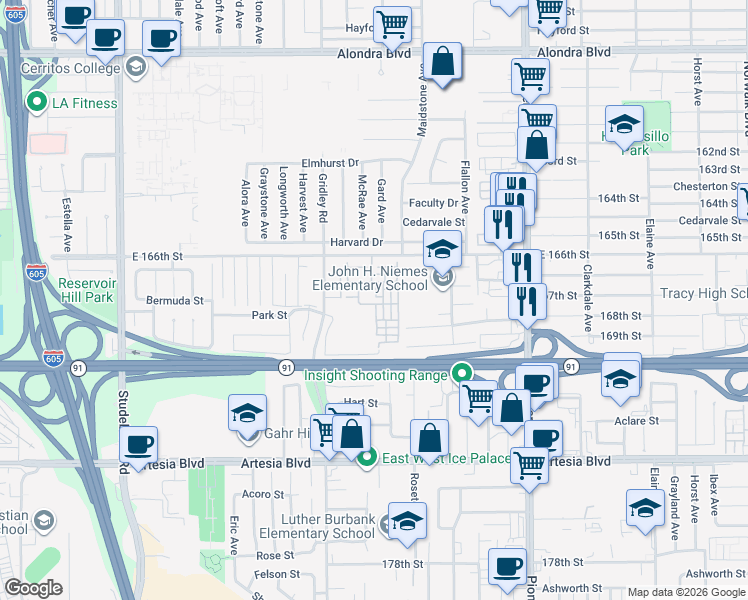 map of restaurants, bars, coffee shops, grocery stores, and more near 11453 Bennington Court in Cerritos